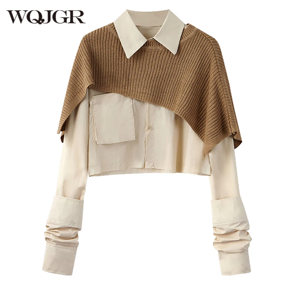 

WQJGR Fashion Woman Blouses 2022 Knitting Patchwork Casual Long Sleeve Loose Shirt Fashion Tide Spring Autumn