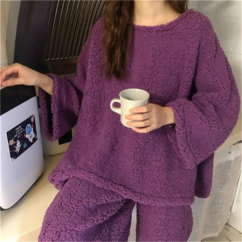 

2020 Winter Pajamas Set For Women Plus Size Loungewear Thick Warm Flannel Sleepwear Long Sleeve Full Trousers Two Piece
