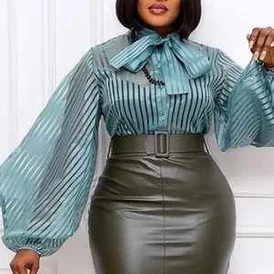 Сексуальный прозрачный топ в полоску, прозрачный фонарь, длинный рукав, галстук-бабочка, на пуговицах, женская рубашка большого размера, Офисная Женская рабочая одежда, блузка