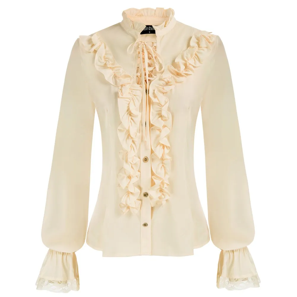 Женская готическая рубашка с оборками длинным рукавом и воротником-стойкой |