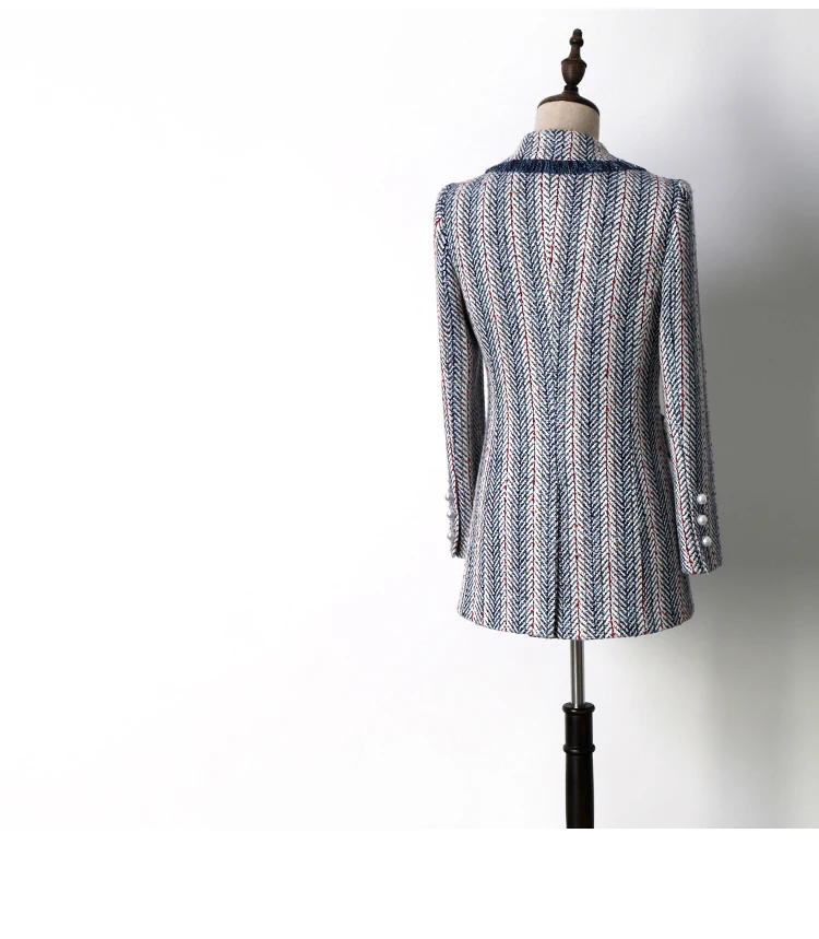 

Autumn Winter Coat Women 2020 Korean Fashion Elegant Blue Striped Wool Jacket Women Medium Long woman jacket