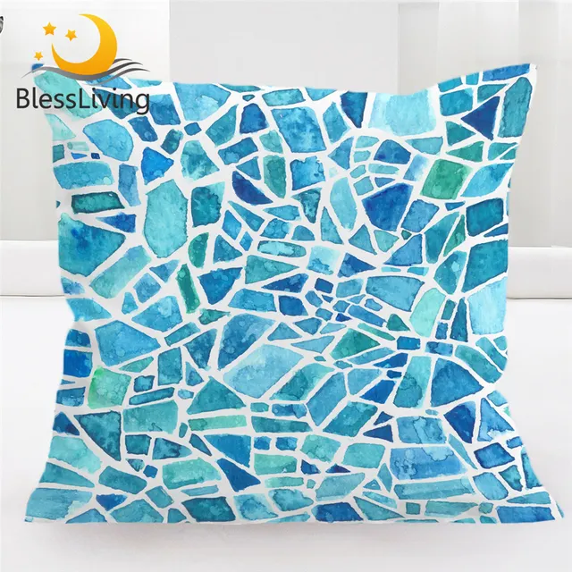 BlessLiving Blue Stone Cushion Cover Watercolor Pillow Case Geometric Decorative Throw Pillow Cover Mosaic Home Decor 1