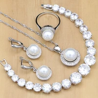 silver 925 bridal jewelry sets round pearls beads white zircon bracelet for women wedding earringspendantnecklacering