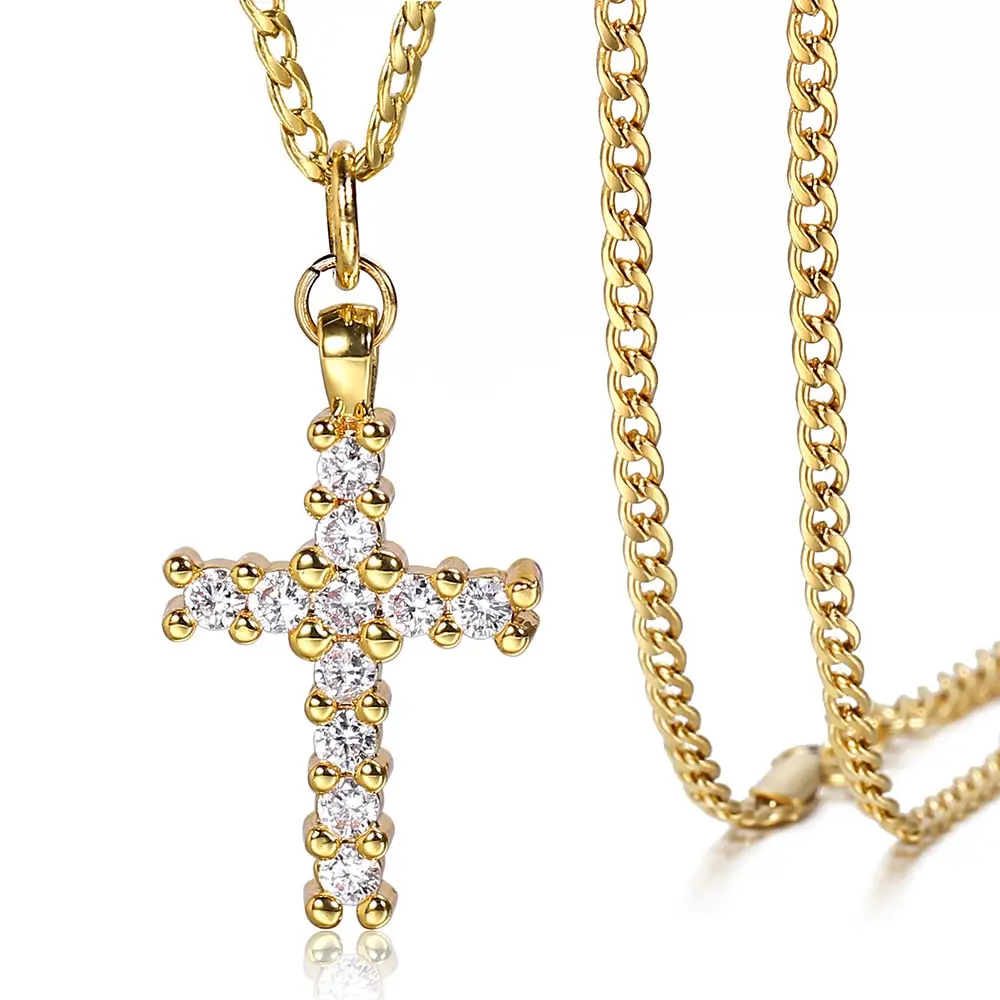 Кулон с крестиком ожерелье золотистого/серебристого цвета белыми кристаллами и