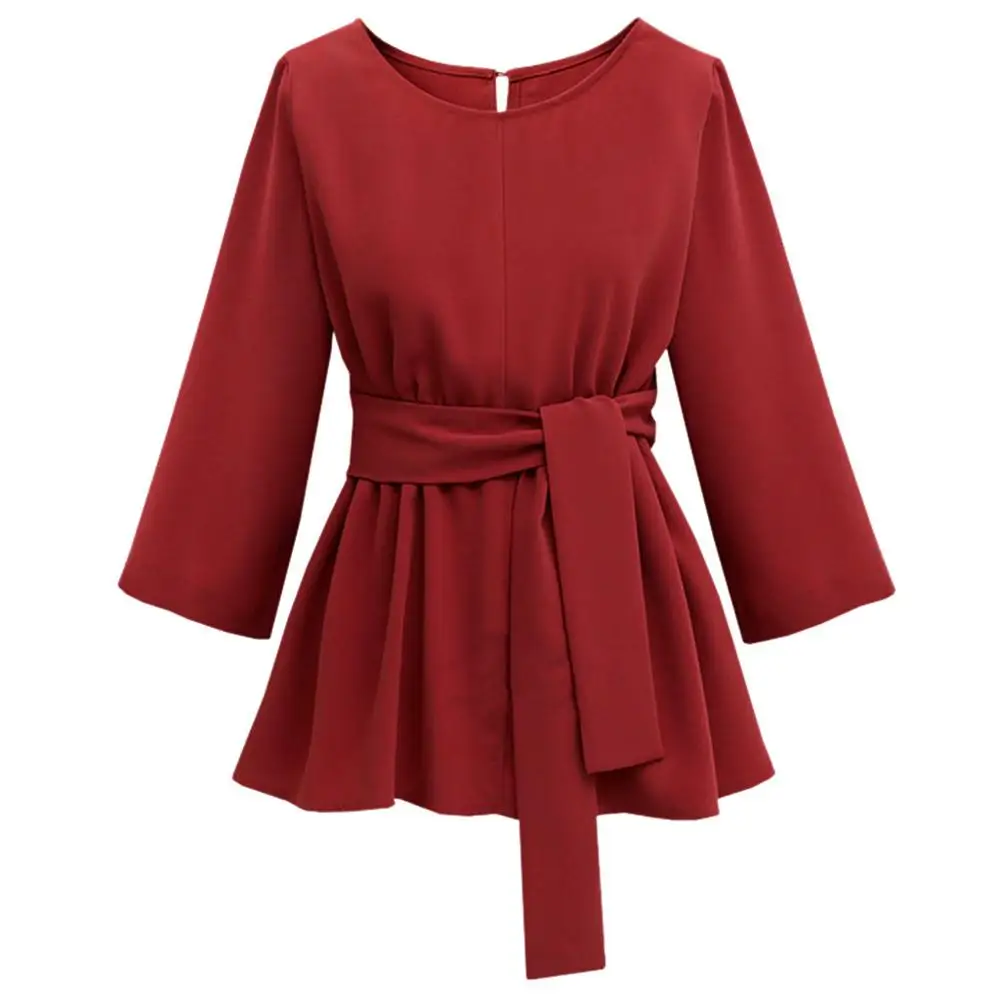 Женская блузка топы плюс размер круглый вырез длинный рукав ремень свободная