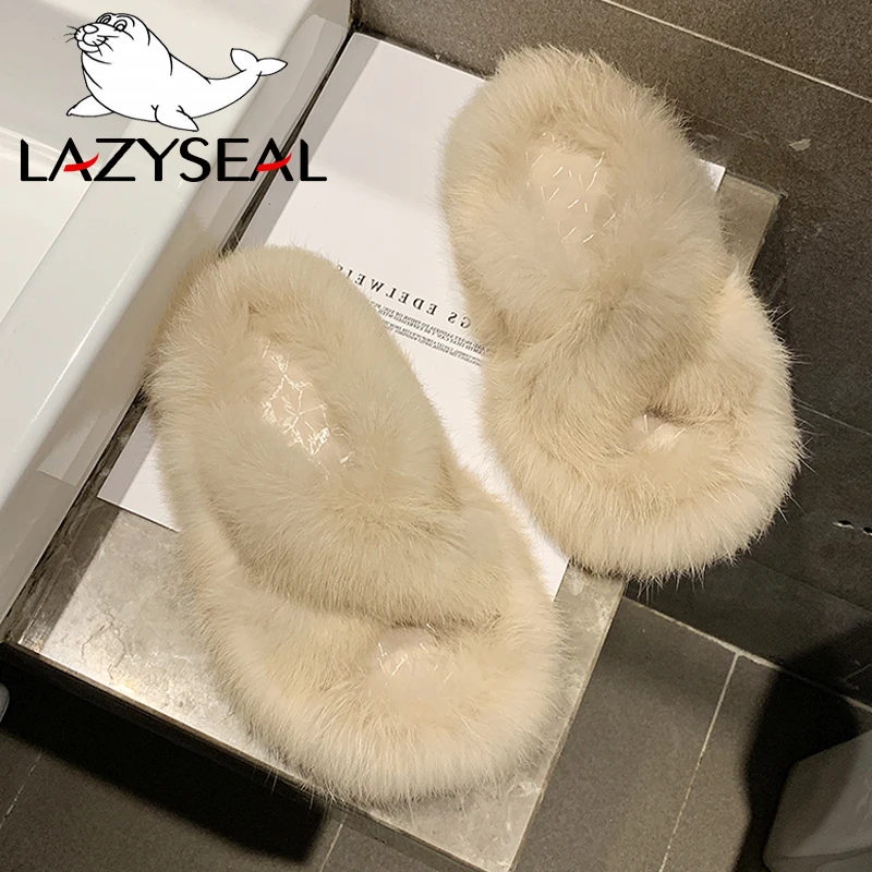 LazySeal/тапочки с натуральным кроличьим мехом женская обувь модные женские Вьетнамки, Повседневная плюшевая обувь на плоской подошве женские меховые домашние шлепанцы