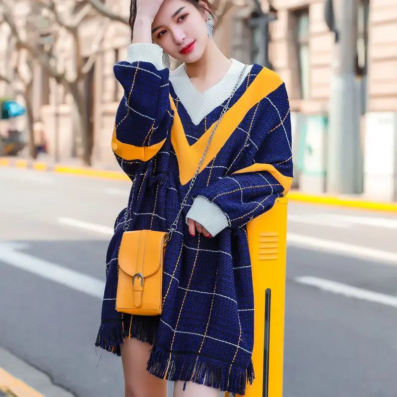 LANMREM Новый Зимний вязаный пуловер с v-образным вырезом контрастного цвета