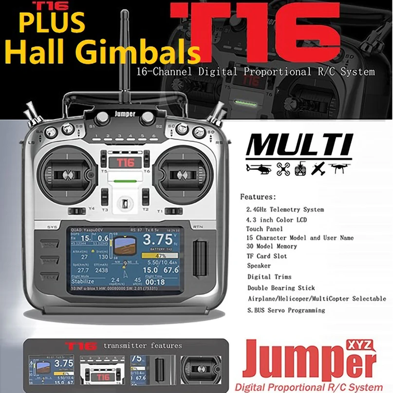 Jumper T16 Plus/T16 Pro Hall Gimbal с открытым исходным кодом мультипротокол радио передатчик JumperTX 2,4G 16CH 4,3 дюймов lcd для FPV дрона