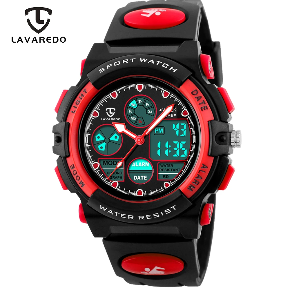 Red LAVAREDO, детские спортивные часы, модный светодиодный, кварцевые, многофункциональные, цифровые часы для детей, 50 м, водонепроницаемые наручные часы A9 - Цвет: Red