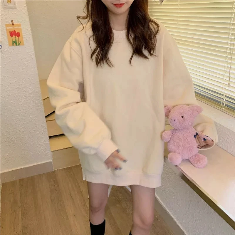 

2020 hoodie ladies plus velvet keep warm, all-match solid color oversized size Korean women's O-neck student Harajuku hoodie str
