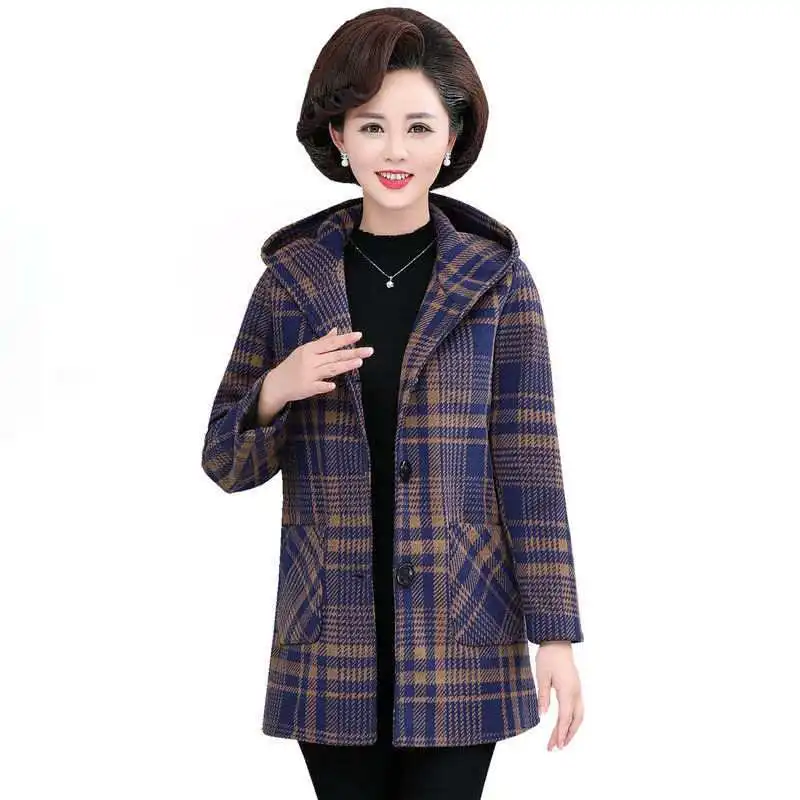 

New 2021Women Woolen Coat Autumn Winter Middle-Aged Slim Hooded Woolen Jacket Female Mid Long Lattice PlusSize WoolenOuterwear