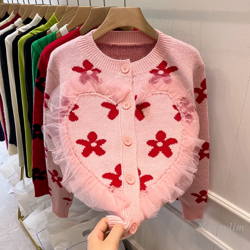 

Sweet Mesh Heart-Shaped Cardigan Coat Womens 2022 Spring New Soft Knitted Sweater Flower Top