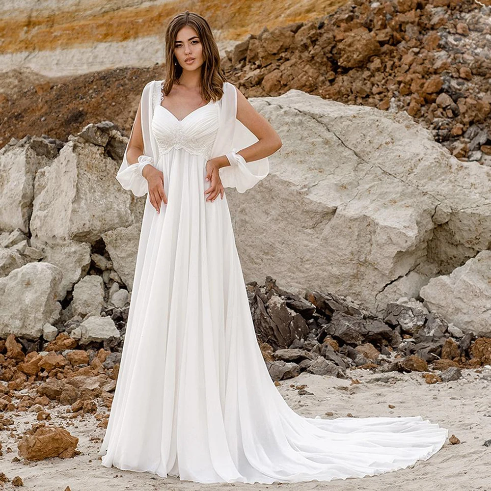 

Sexy Chiffon Beach Wedding Dresses 2020 Long Sleeves V Neck Applique A Line Summer Boho Bridal Gown Plus Size Robe De Mariage