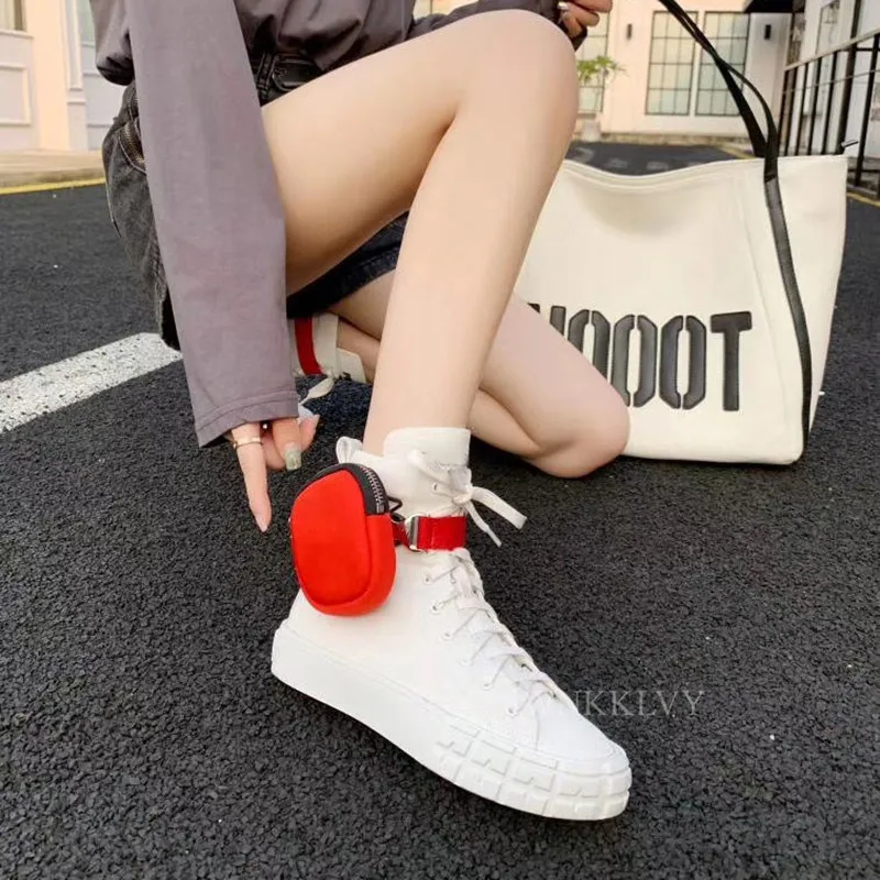 

New Thick sole round toe pocket ankle boots women flat lace up canvas shoes autumn casual short boots runway botas for ladies
