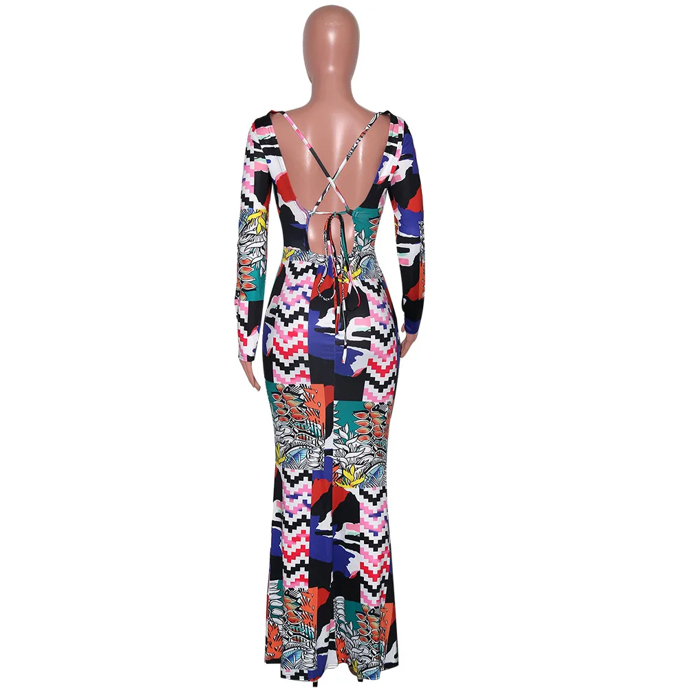 

Geometric Pattern Open Back Long Party Dress Women High Waisted Full Sleeve Bandage Dresses Streetwear Ladies Floor Length Robe