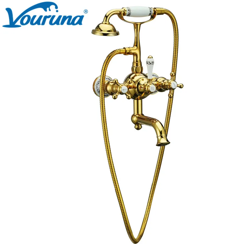 

VOURUNA Luxury Golden Victoria Style Wall Mounted Bathtub Faucet Tub Filler Mixer Tap With Telphone Hand Shower