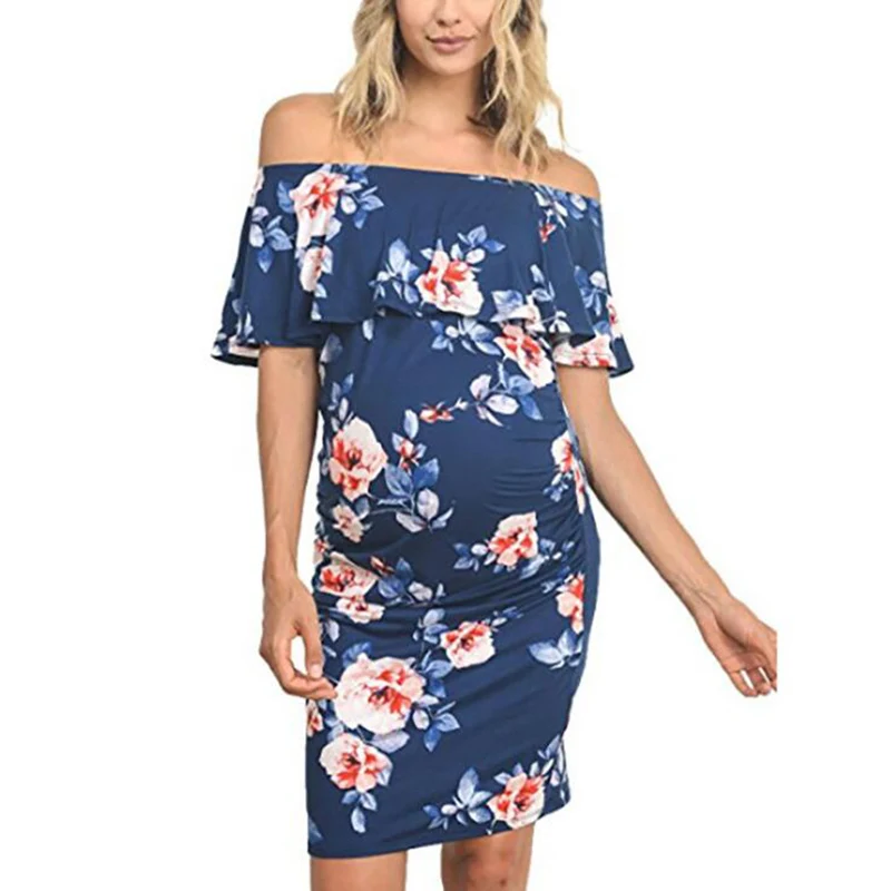 

2021 New Women's Summer Casual Maternity Shoulderless Printing Dress For Photo Shoot Maternity Photography Props Pregnancy Dress