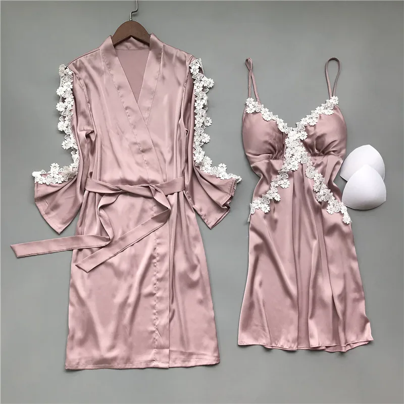 

Robe Set Female Lace Kimono Bathrobe Gown Casual Nightwear Satin 2PCS Nighty&Intimate Lingerie Suit Sexy Sleepwear Homewear