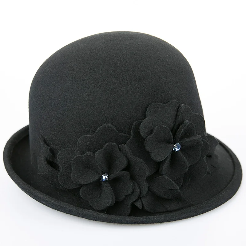 Black 52cm Sedancasesa Wool From Australian Felt Hat for Girls Child Bucket Hats With Flower Decoration Fedoras for Children 52cm - Цвет: Black 52cm