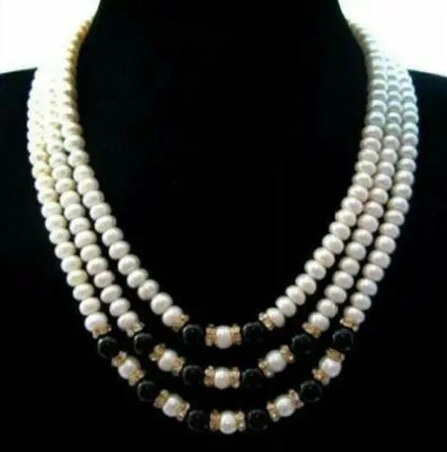 

3 Rows 7-8mm Genuine White Pearl Black Agate Onyx Crystal Clasp Necklace