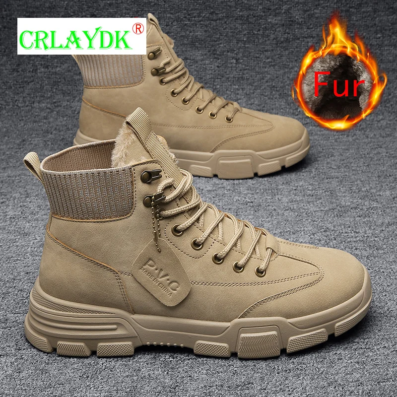 

CRLAYDK зимние мужские ботильоны с меховой подкладкой кожаные сохраняющие тепло зимние уличные прогулочные туфли мужские походные повседневн...