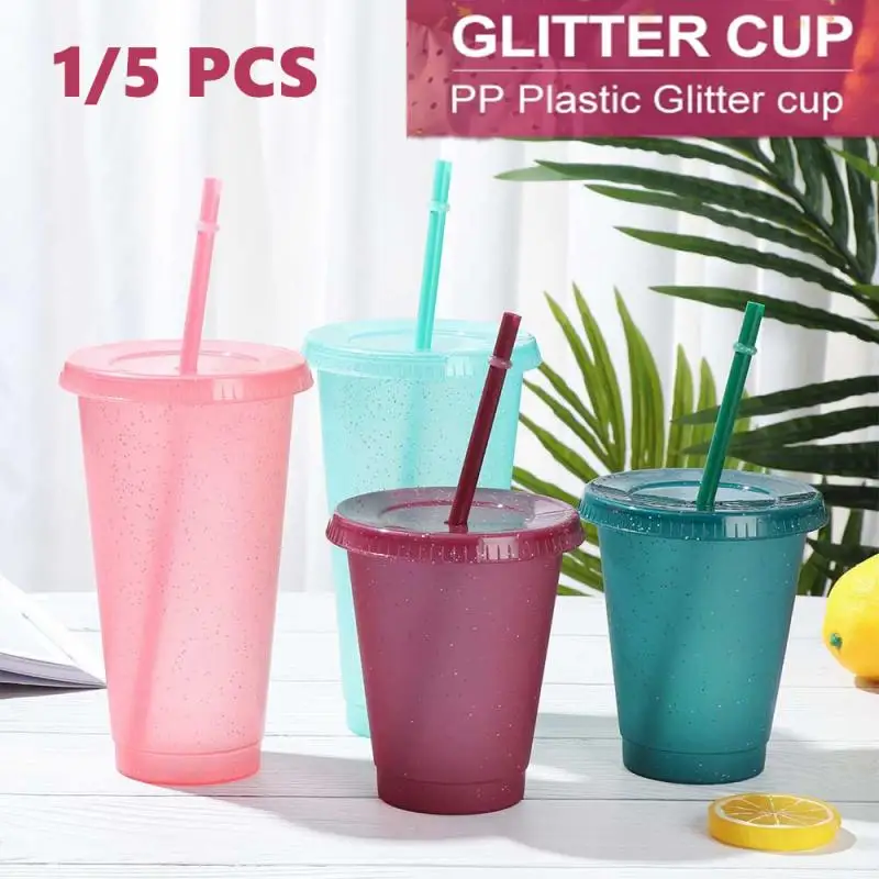 

1/5Pcs 700/473ml Flash Powder Water Bottles With Straw Reusable Plastic Tumbler Juice Coffee Cup Travel Mug Drinkware Xmas Gifts