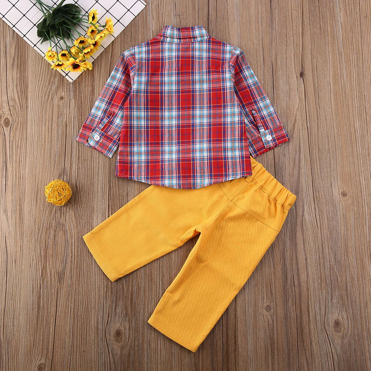 Autumn Toddler Kids Baby Boy Shirt tie long sleeve Plaid Tops Hosen Long Pants Gentleman Outfits Clothes 1-6 Years |