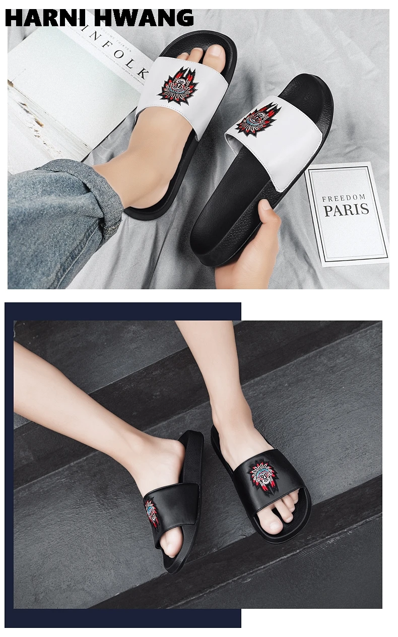 

summer Fashion Men's Sandals Indoor Home Graffiti Casual Beach One-word Flat Slippers High-quality Rubber Material Size 39-46