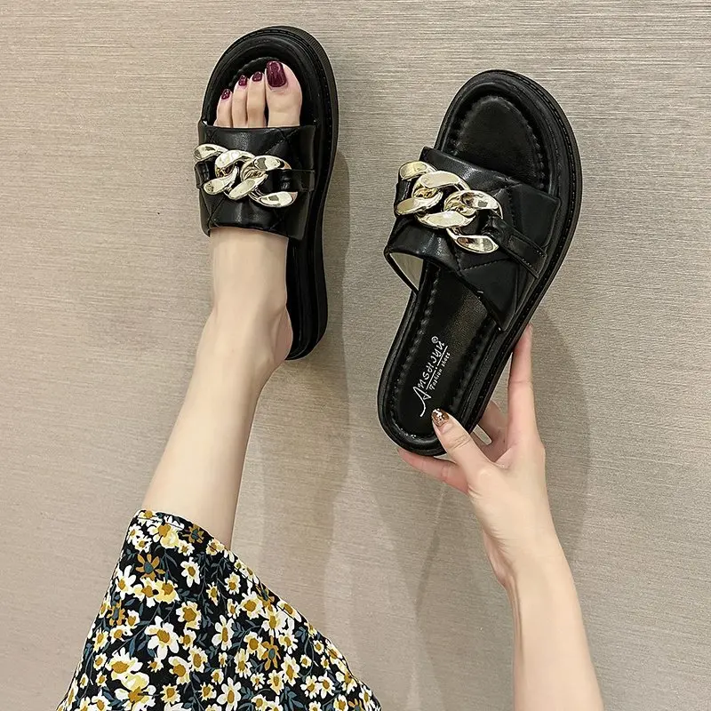 

Flat Shoes Female Slippers Women Summer Slides Fashion Pantofle Platform Med Beach Luxury 2021 Soft Rubber PU Shoes Slippers Fla