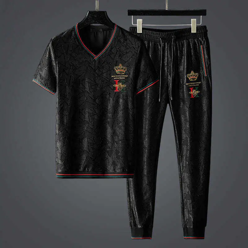 

2021 summer jacquard tide brand letter embroidery leisure sports suit men's loose size matching two-piece set