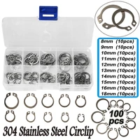 100pcslot silver color 304 stainless steel external circlip retaining ring assortment kit 8 18mm with box