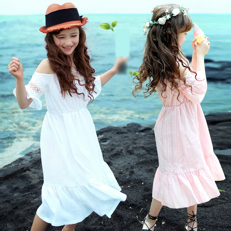 

Girls Summer Dress New Teenager Child Cotton Lace Princess Dresses Kids Dress For Girls 3-14Y Children Clothes Pink/ White