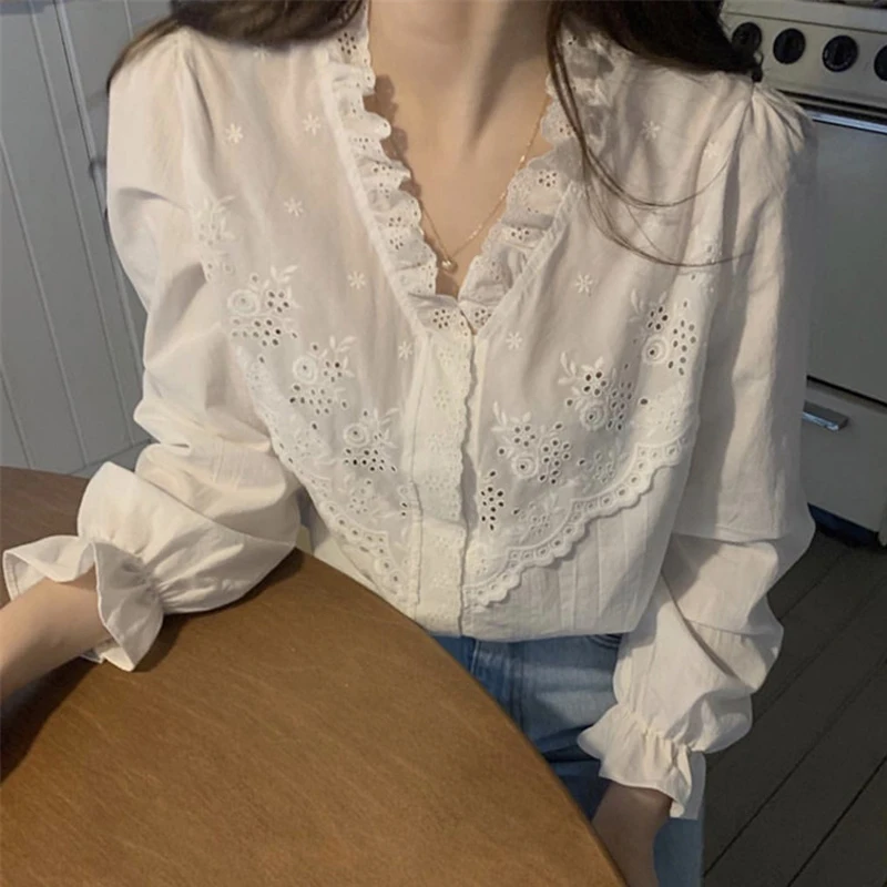 Женская винтажная Блузка с оборками белая Свободная блузка V образным вырезом и