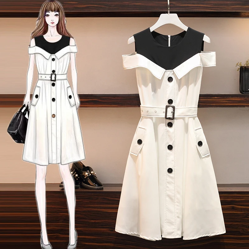 

4XL Plus Size Women High Street Runway Dresses Summer 2021 Black O-neck Patchwork Ladies A-Line Off the Shoulder White Dress