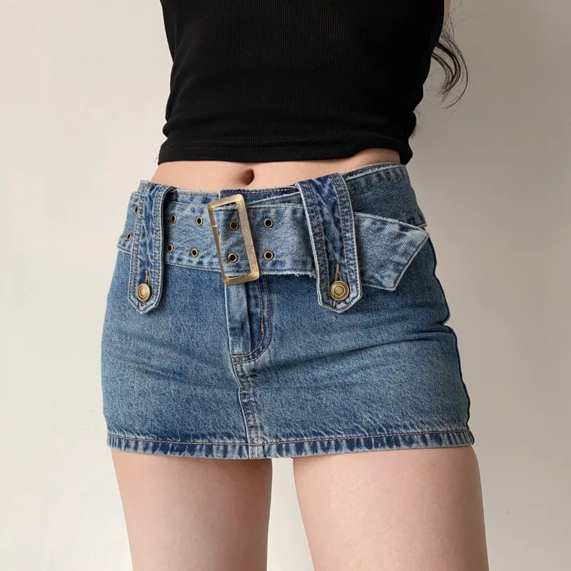 

WOMENGAGA Wide Belt Denim Miniskirt For Women Korean Hot Sexy Women Short Skirts Pocket High Waist Boho Safari Style LU2N