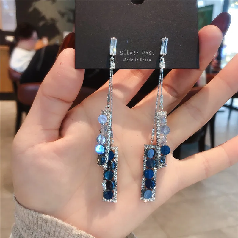 

Корейские серьги с кристаллами, Модная бижутерия, длинные серьги-капельки, противоаллергенные аксессуары, украшение для ушей для женщин и ж...