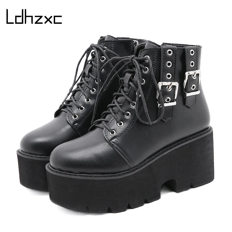

LDHZXC Ankle Boots Thick Bottom Comfortable Lacing Womens Boots winter Platform Wedges Fashion Buckle Black Gothic Chunky