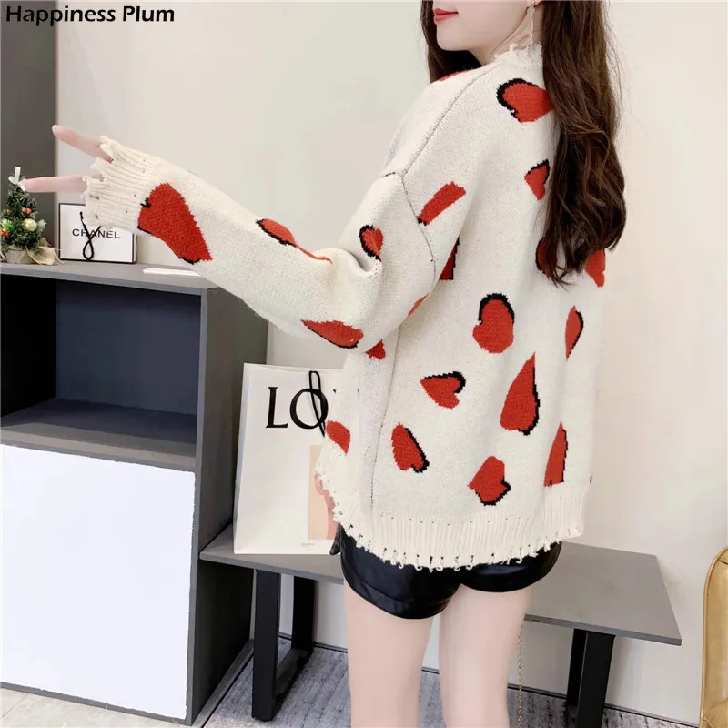 

Red Heart Sweater Loose Outwear Fashion Knit Pullovers Harajuku Weater Fall 2020 Women Sweet Knitwear Mujer Tops