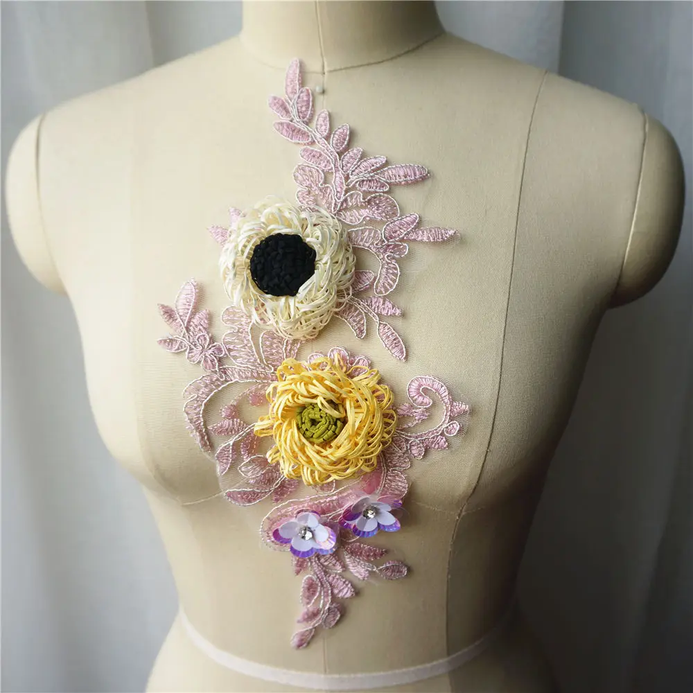 Розовый Желтый 3D Цветочная кружевная ткань бусины вышитая одежда аппликации