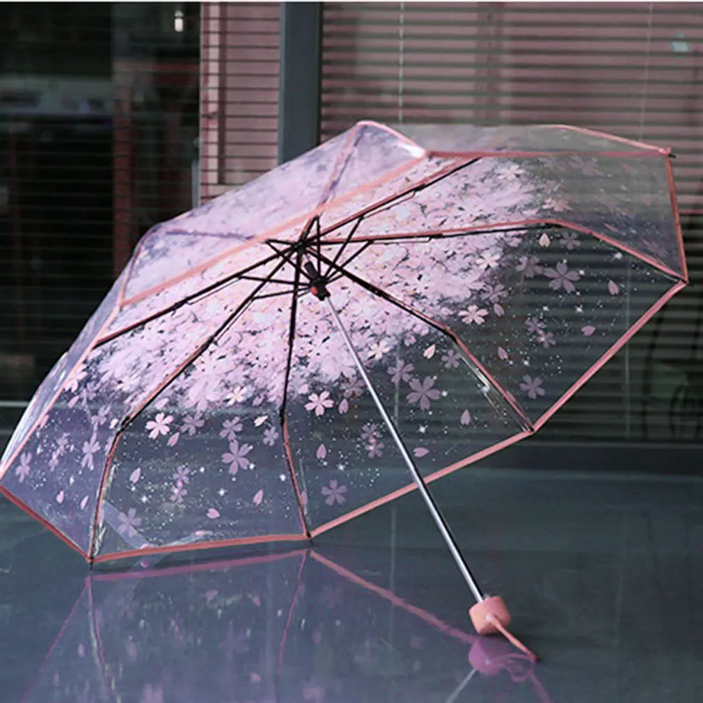 Folding Cherry Umbrella Transparent Clear Three 8 Rib Windproof Umbrellas Women Rain Newest | Дом и сад
