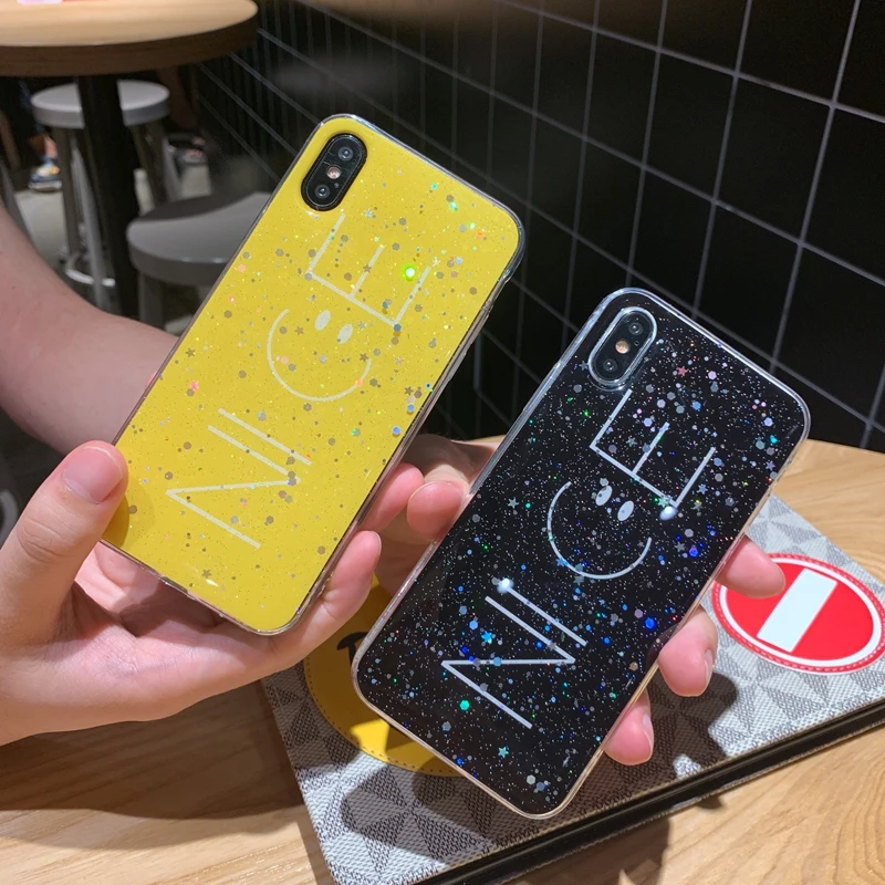 For iPhone 6 6s 7 8 Plus 10 X XS XR Max Bling Glitter Cute NICE Smile Painted Sparkle Sequins Soft Clear Silicone TPU Case Cover | Мобильные