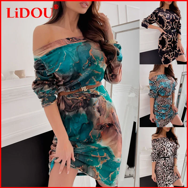 

Осенние женские элегантные платья с леопардовым принтом, женское облегающее платье-трапеция с воротником-лодочкой и длинным рукавом, сексу...