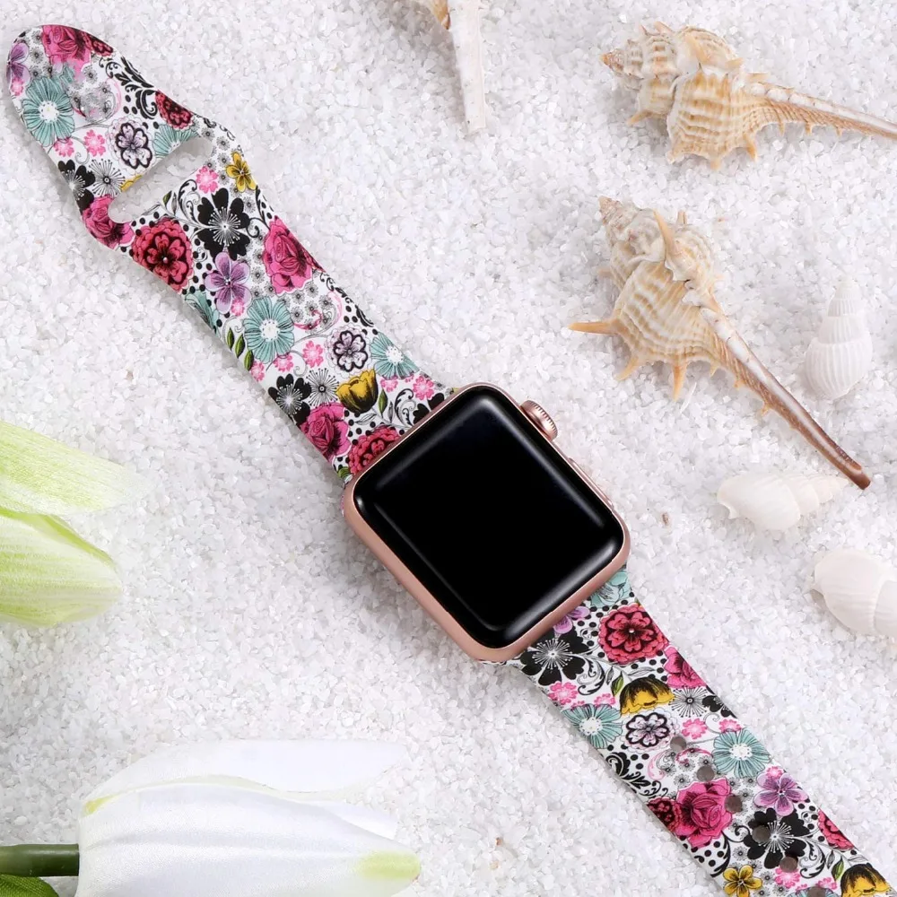 Ленты с цветами для Apple Watch 38 мм 40 мм 42 мм 44 мм, леопардовые силиконовые Печатные Сменные браслеты для iWatch серии 5 4 3 2