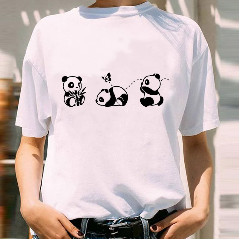 

2021 Women T-shirt Graphic Panda Love Funny Mujer Camisetas 90s Cartoon Short Sleeve Lady Print Female Clothes Tops Tees T-Shirt