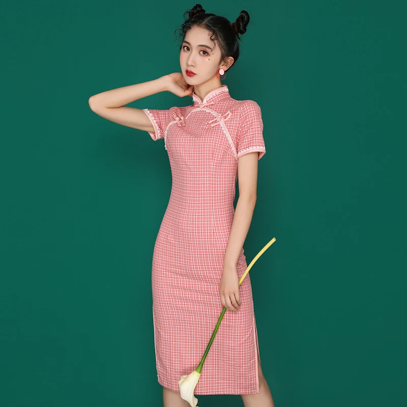 Китайский стиль розовый плед с коротким рукавом Cheongsam ретро Восточная