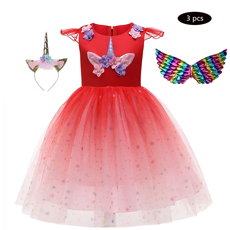 

Flower Unicorn Ball Gown Rainbow Wedding Dress For Girl 2021 New Birthday Party Unicorn Cosplay Role Dance Performance Clothes