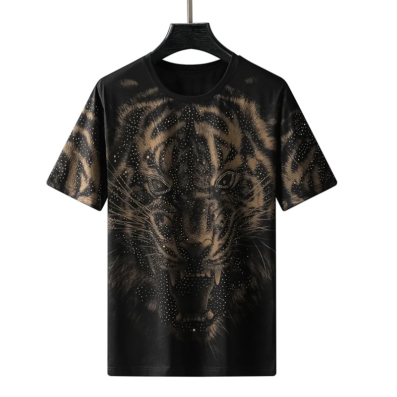 

European Summer New Short-sleeved T-shirt Men's European Lion Face Print Fashion Hot-selling Rhinestone Half-sleeved Shirt