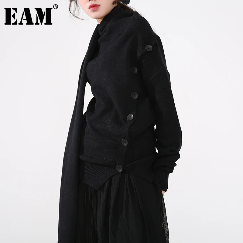 

[EAM] Asymmetrical big size Knitting Cardigan Sweater Scarf Collar Long Sleeve Women New Fashion Autumn Winter 2022 1DD310301