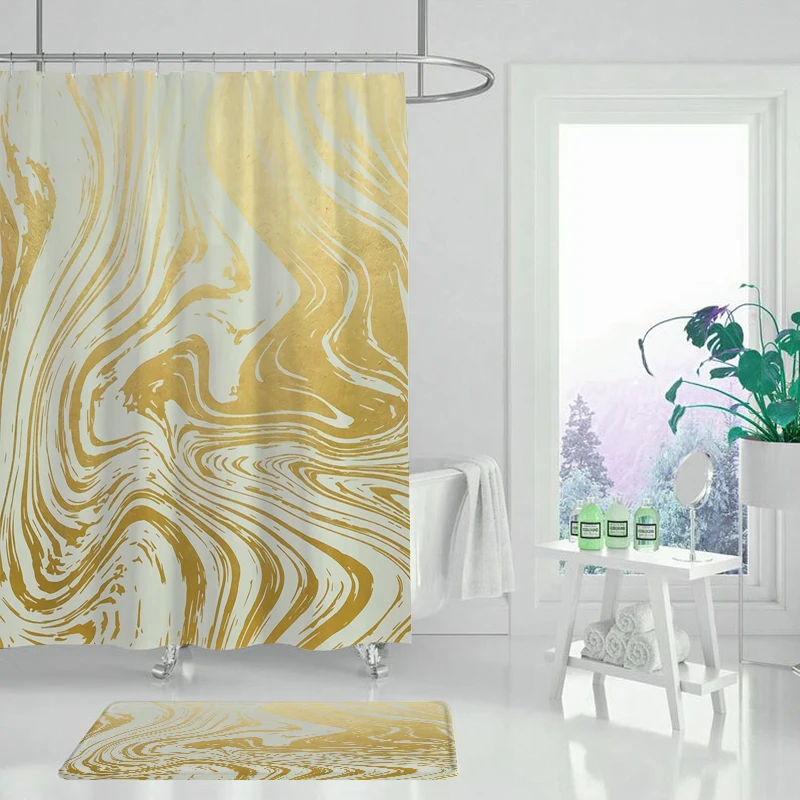 Штора для душа черная Золотая с рисунком скелета листьев природного дерева