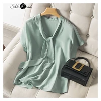 silviye silk ribbon top womens silk solid color small shirt loose outer wear western style short sleeved t shirt summer